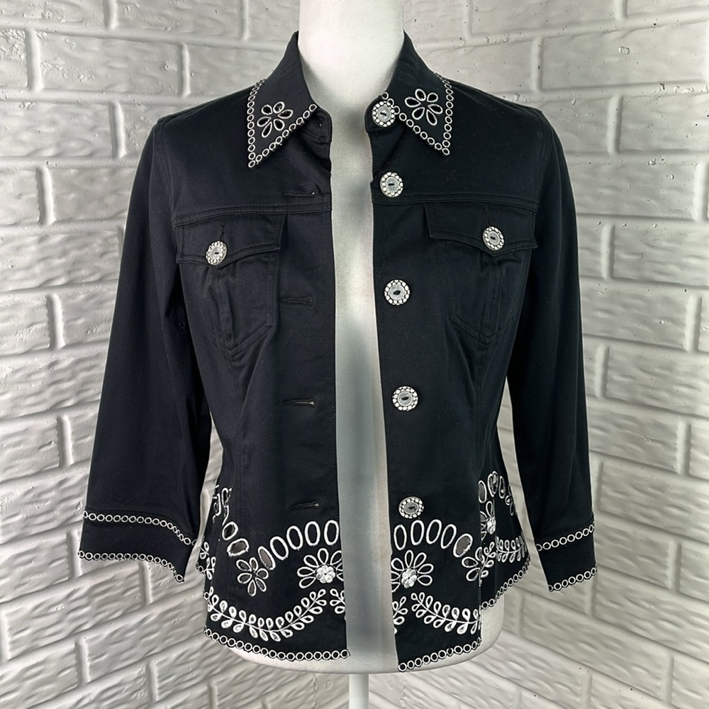 VERA VERA Embroidered And Eyelet Cutout Black Button down Jacket Size Small